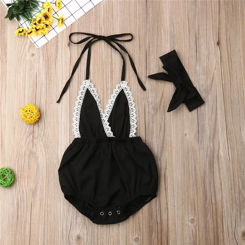 0-18 Months Cute Baby Girls Clothes Set Black Sleeveless Lace Sling Rompers Girls Suit Cute Baby Hairband New Born Girl Outfits