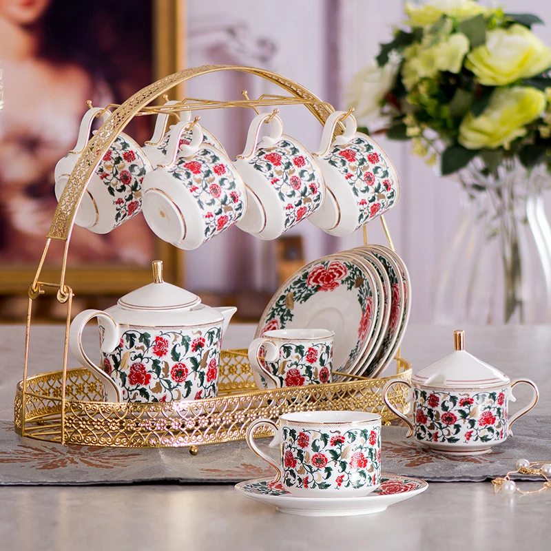 Discount 15 pcs bone china Coffee Tea Set  flower designs tea Cup and Saucer Set 1 pot  1 creamer 1 sugar pot 6 cups  6 saucers 1
