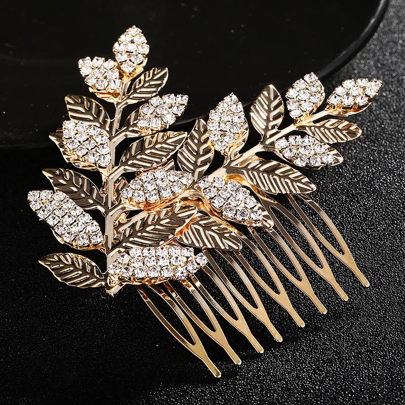 Gold Color Alloy Leaf Hair Comb Crystal Hair Combs Bride Headdress Prom Party Wedding Women Head Hair Accessories Hair Pins