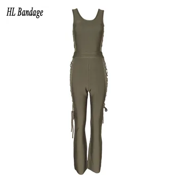 

2020 new arrival sleeveless o neck eyelets lace up bodycon Army green hollow out bandage jumpsuit
