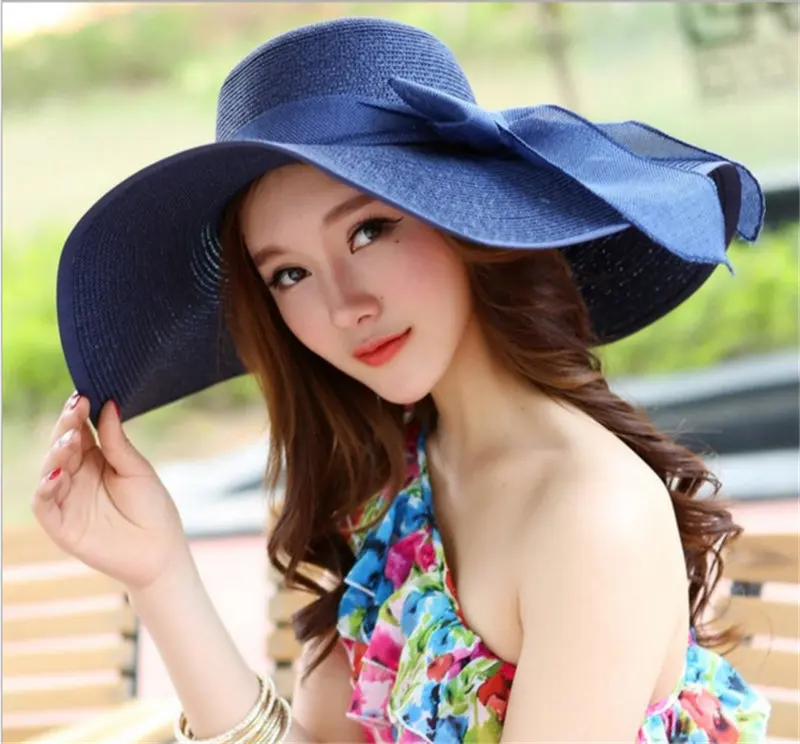 

2018 Hot Sale Fashion Bowknot Summer Foldable Sun Hat Beautiful Women Straw Beach Hat Large Brimmed Hat aa0096
