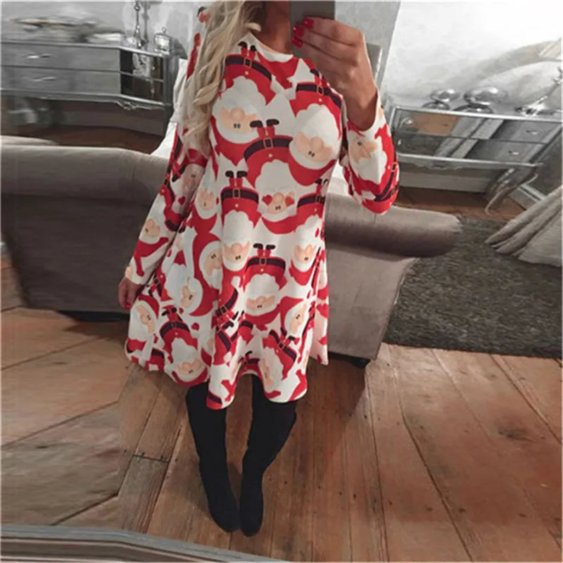 

2019 Autumn Women Christmas Dress Loose Print Dress Snowflake Long Sleeve A-Line Party Dress female Plus Size Women Clothing 5XL