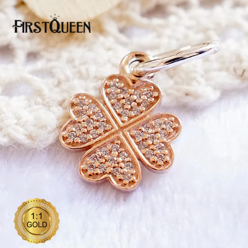 

FirstQueen Clover Rose Gold dangle with Silver and CZ Charm Fit Bracelets DIY Pendants Jewelry Making Fine Jewelry