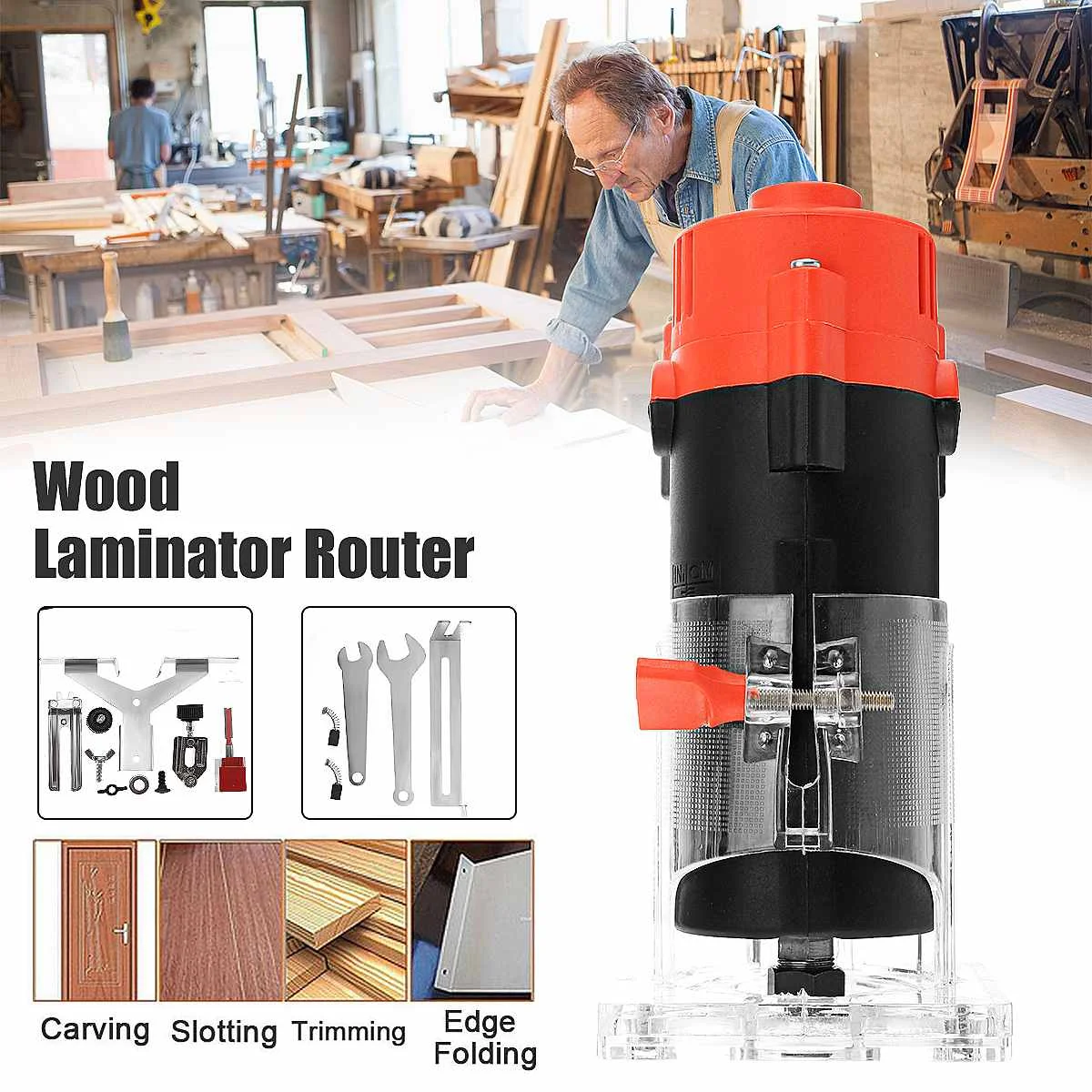 

800W 0.25" Electric Hand Trimmer Wood Laminate Router 6.35mm Carving Machine Woodworking DIY Power Tools