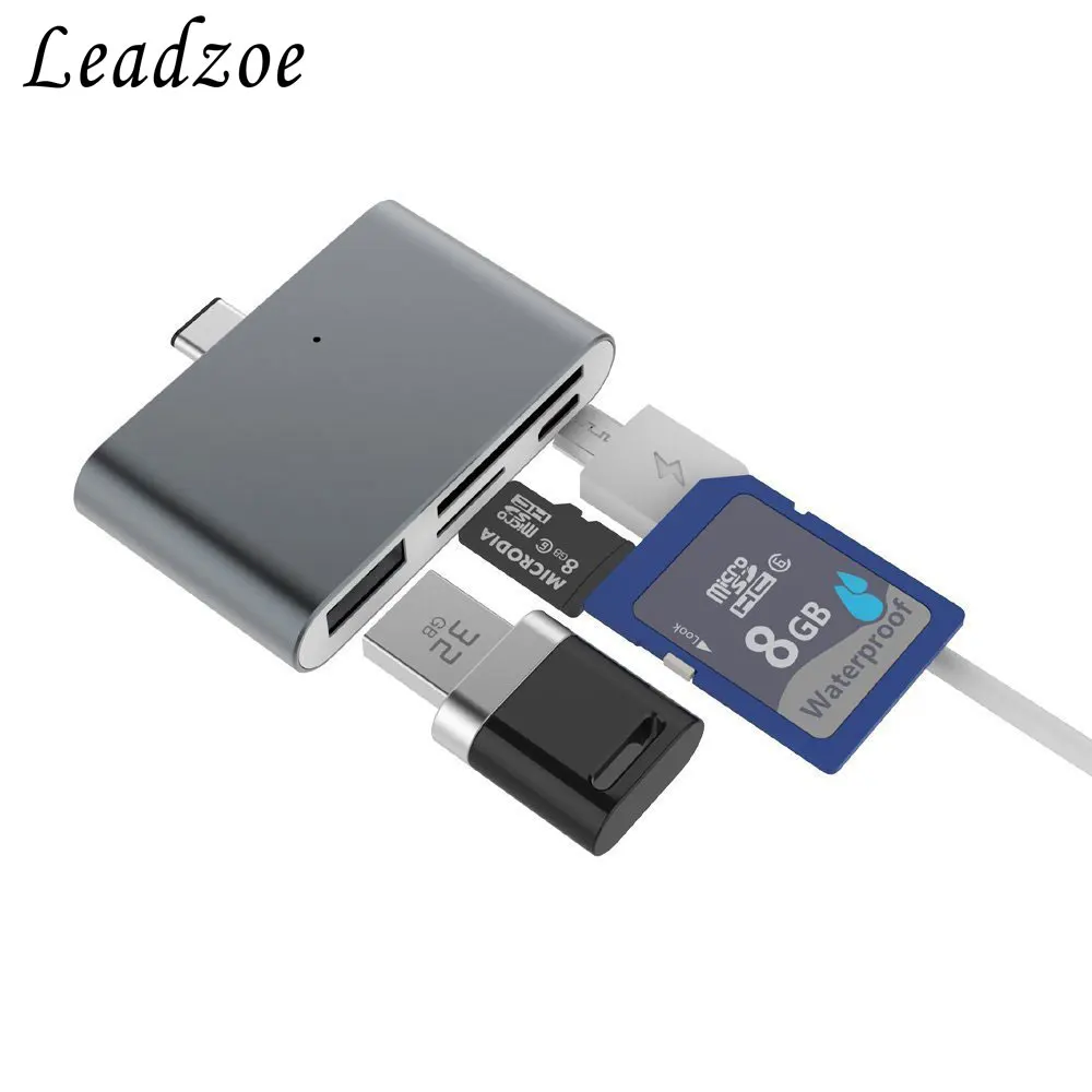 Картридер Leadzoe USB C Hub 4 в 1 Тип C OTG TF/SD Smart Card Reader с Micro USB Мощность Порты и разъёмы сплиттер