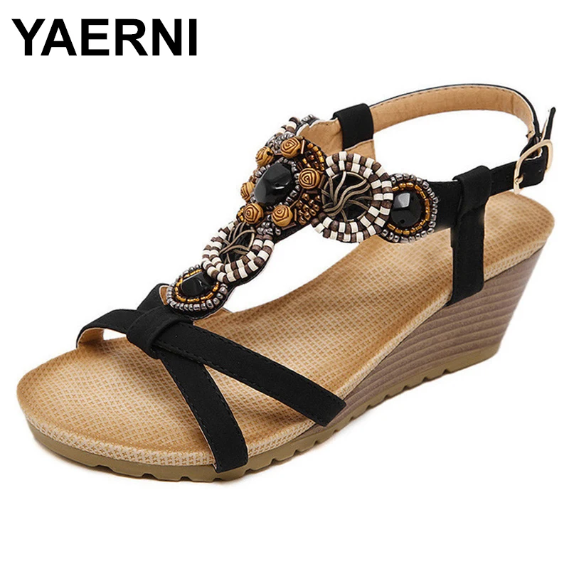 

YAERNI New Arrival Women Sandals Wedges Shoes Casual Shoes Women Beading Bohemia Fahion High Heels Plus Size 35-40 FreeE935