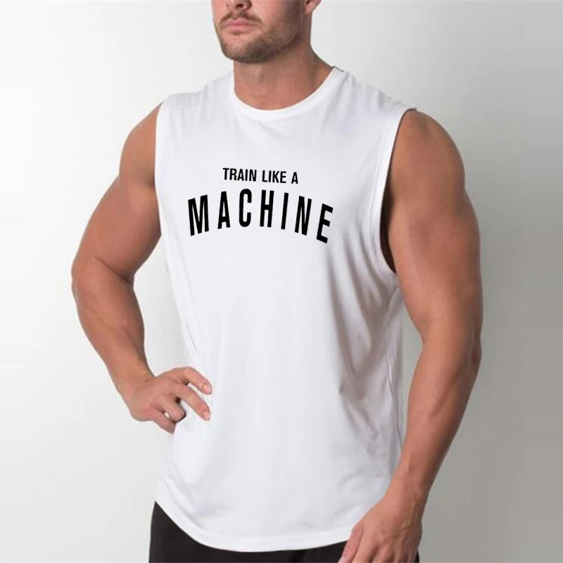 Train Like A Machine slogan on a gym tank top8