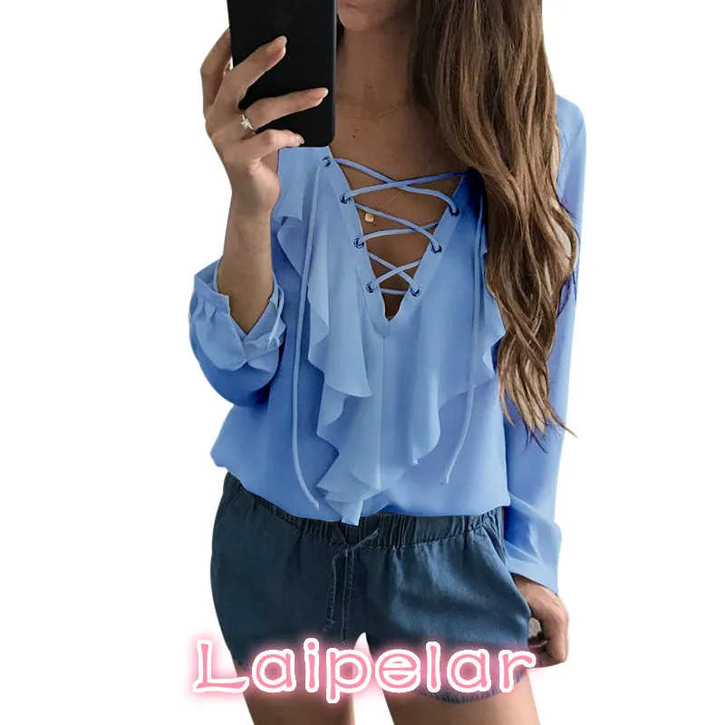 

Sexy Chiffon Blouse Ruffle Blusas Mujer Womens Tops Lace Up V Neck Strapped Long Sleeve White Blouse Casual Ladies Tops Shirt