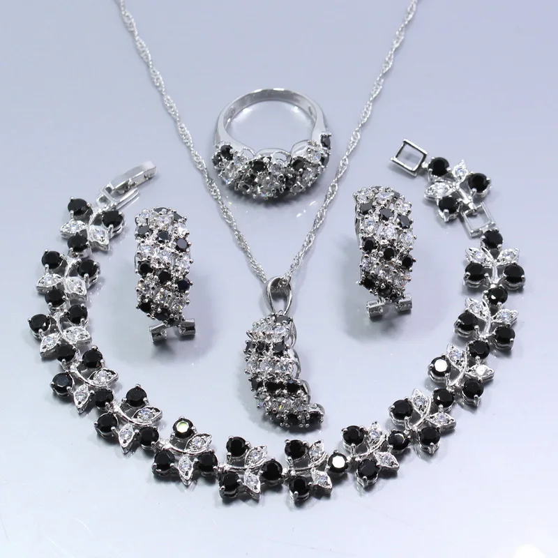 

2017 New Black Cubic Zirconia 4PCS Jewelry Set 925 Sterling Silver Earrings Ring Necklace Pendant Bracelet Free Shipping Z12