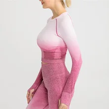 Градиент фитнес Yop тренажерный зал Женская с длинным рукавом тренировки одежда колготки быстросохнущая Футболка Йога Тренировка спортивная одежда рубашка