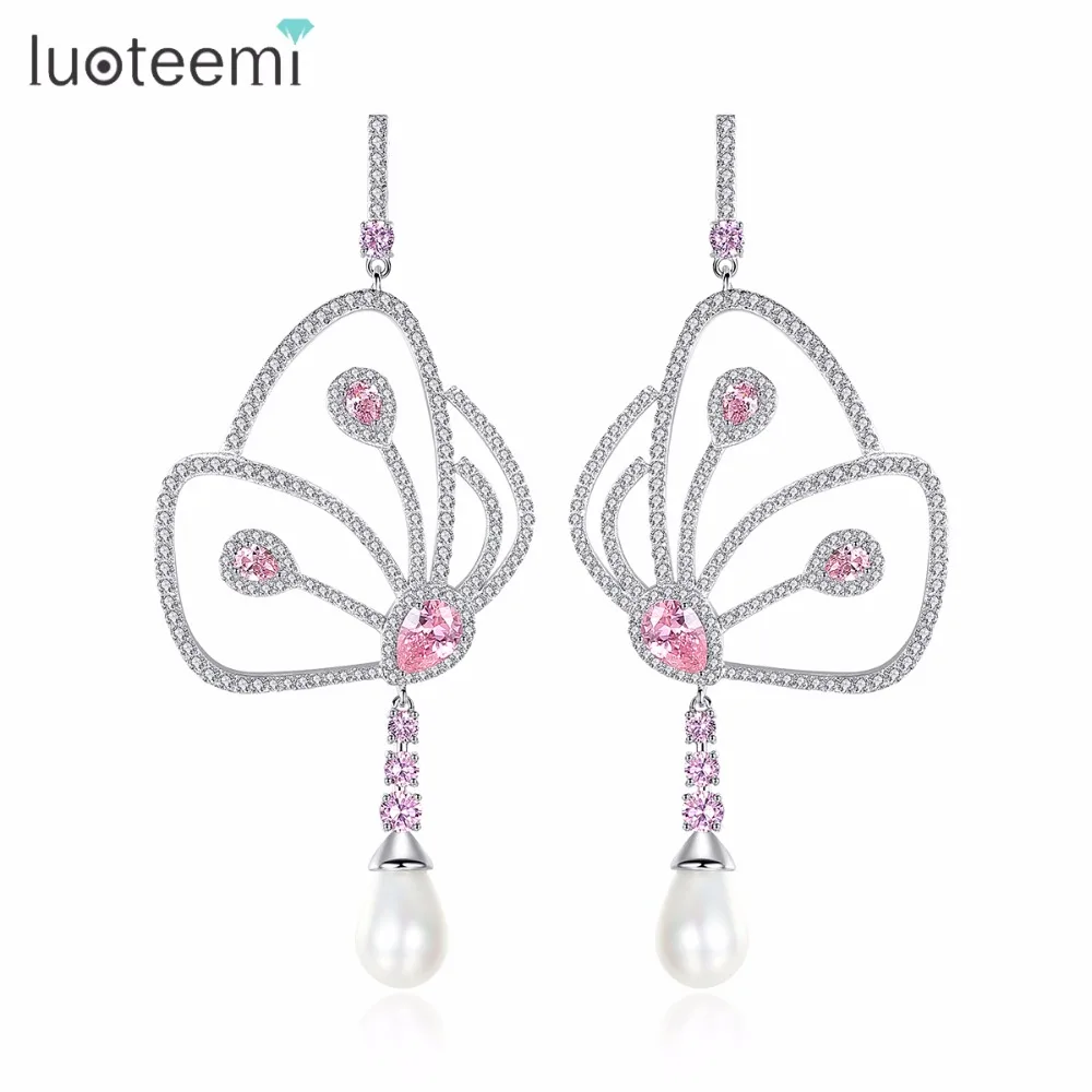 

LUOTEEMI Sweety Butterfly Micro Paved Cubic Zirconia With Imitation Waterdrop Pearl Long Dangle Wedding Earrings For Women