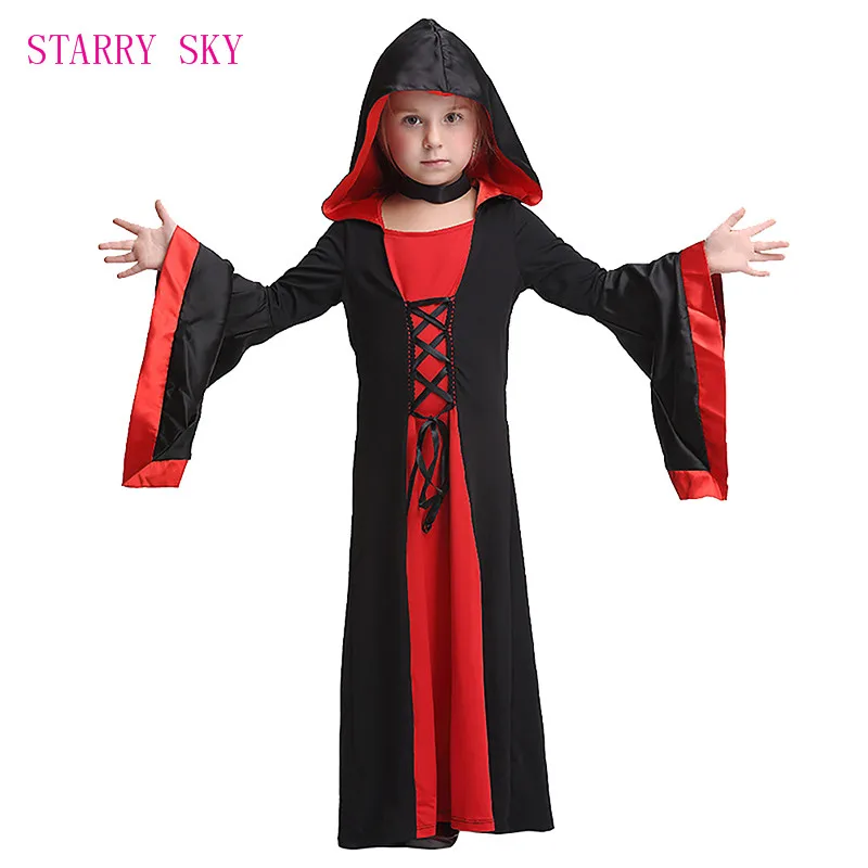 Halloween Deluxe Kids Medieval Black Gothic Witch Long Gown Costume ...