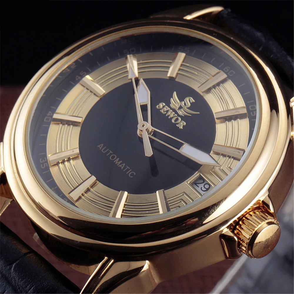 

2016 Fashion Watches Men Luxury SEWOR Steel Bezel Vintage Pattern Auto Date Dial Automatic Mechanical Leather Strap Wristwatch