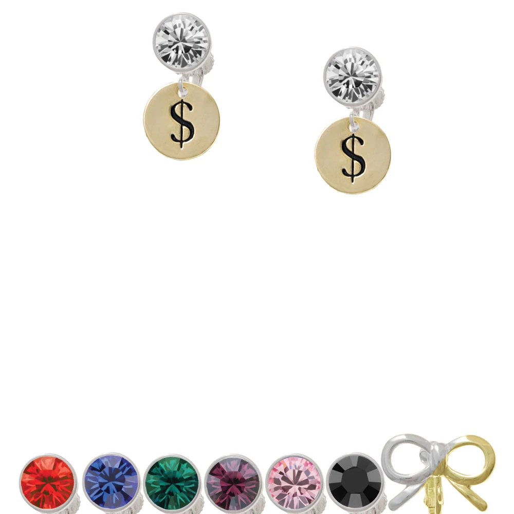 Gold Tone Disc 1/2'' - Symbol - Dollar Sign - $ - Crystal Clip On Earrings