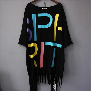 

2019 New Summer Fashion Women Cotton Tops Medium-long Tassel Batwing Short Sleeve Students T-shirts Printing Casual Tees Black