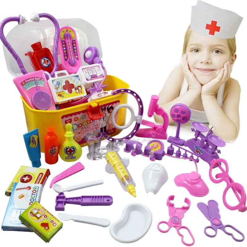 Goede 30 stks set Creative Arts Medische Play Set Pretend Carry Case Geneeskunde Doos Kinderen Onderwijs Rollenspel Speelgoed TF0011
