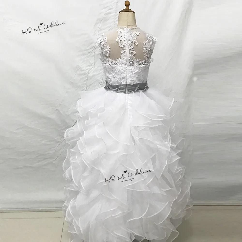 Vestido de Daminha/бальное платье белого и серого цвета для первого причастия, платья для девочек с оборками, кружевное платье с цветочным узором для девочек детское Пышное Платье с жемчужинами