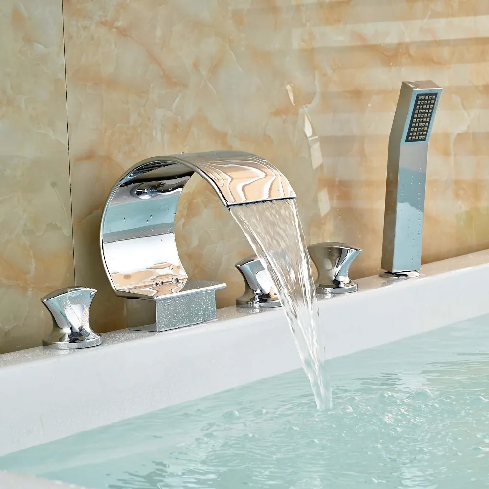 

Bath Tub Faucet with Pull Out Hand Held Shower Chrome Finish Three Handles