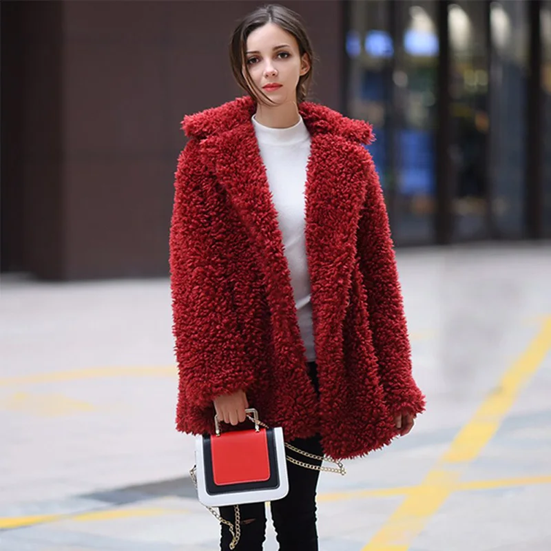 Jocoo, женское Утепленное зимнее пушистое пальто из искусственного меха, женская повседневная куртка, теплый кардиган, верхняя одежда, уличная одежда для женщин размера плюс - Цвет: Wine Red