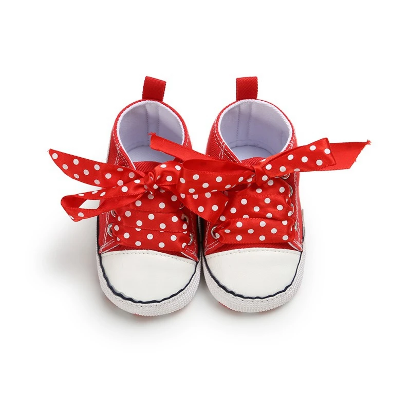 В горошек Детские ботинки для девочек весна холст красная лента милая детская обувь новорожденных обувь для малышей отправить бесплатно белые шнурки