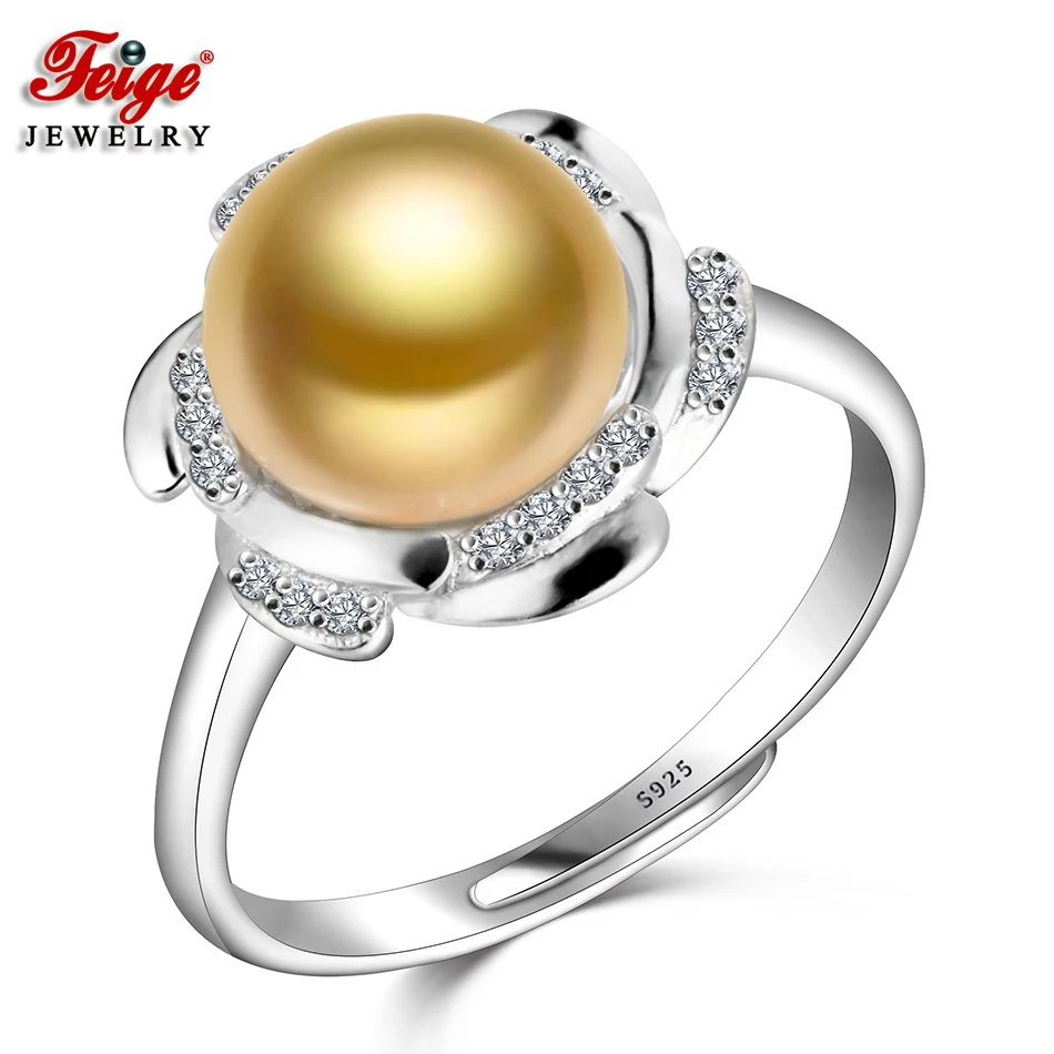 

Flower 925 Sterling Silver Pearl Ring for Women Engagement Jewelry 9-10MM Golden Freshwater Pearl Rings Fine Jewelry Gifts FEIGE