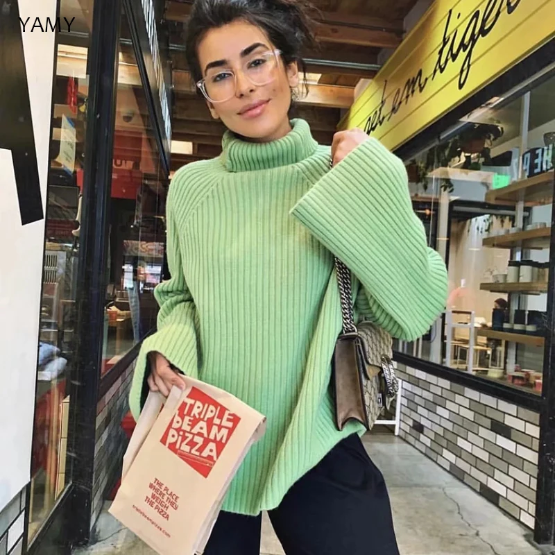 

Womens Fall oversized long Sweaters Turtle neck chic vintage casual knitting green Pullover korean loose plus size lazy Sweaters