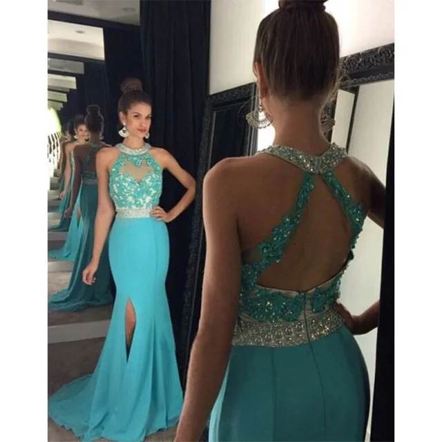 Fashion Halter Turquoise Mermaid Prom Dresses Long 2019 New Applique Beads Side Slit Chiffon