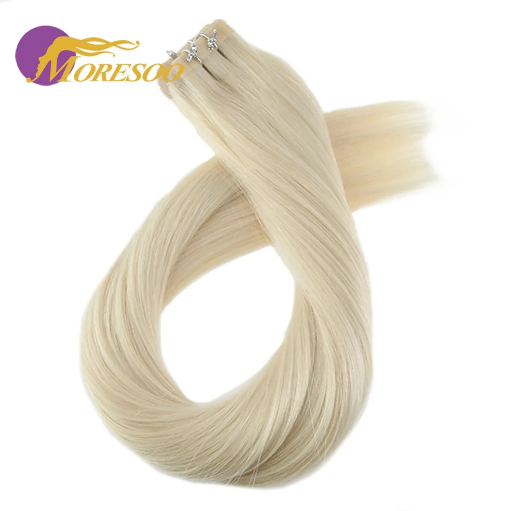 Moresoo Machine Remy Tape In Hair Extensions Brazilian Human Hair Skin Weft Platinum Blonde #60 20G-100G 14-24 Inch Tape Hair