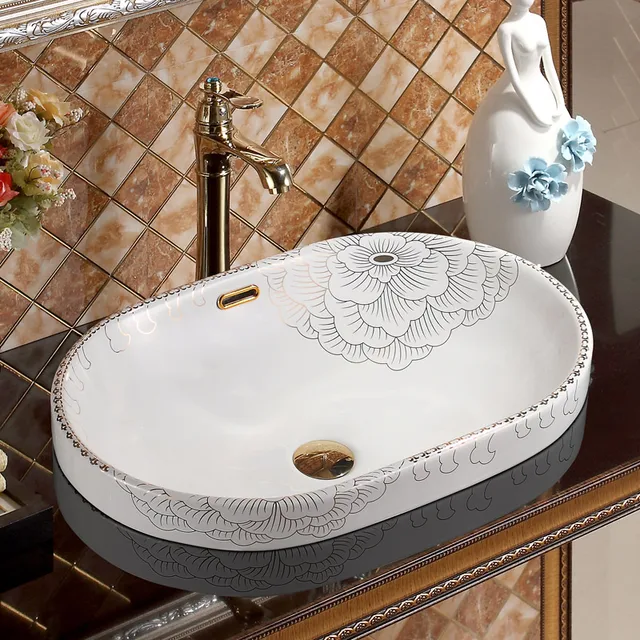 Us 325 0 Undercounter Ceramic Counter Top Wash Basin Cloakroom Hand Painted Vessel Sink Bathroom Sinks Decorated Bathroom Sink Oval Peony In