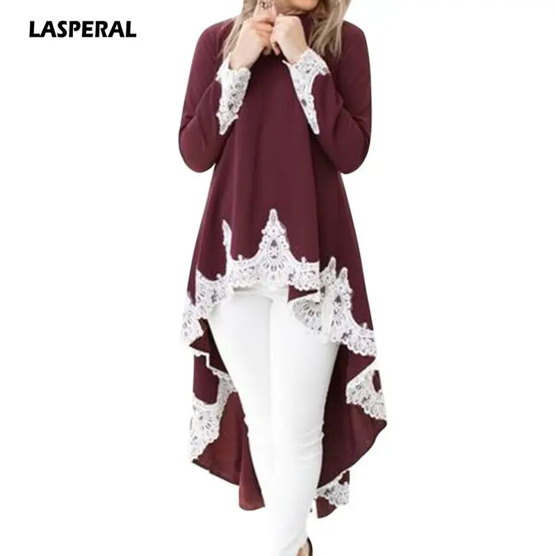 

LASPERAL Women Classic New Autumn Winter Knitted Sweater Shirts Ladies Long Sleeve Irregular Slim Patchwork Lace Blouse Shirts