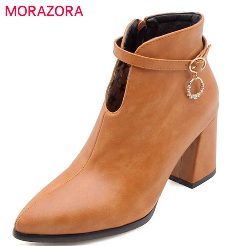 

MORAZORA 2020 hot sale women boots pointed toe autumn winter ankle boots zipper with buckle elegant party shoes high heel boots