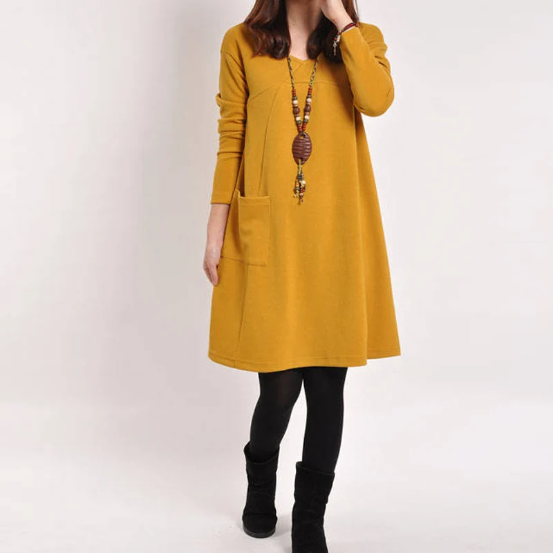 

New Fashion Women Dresses With Pocket Solid Color Long Sleeve V Neck Loose Casual Autumn Winter Dress Plus Size PO66