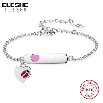 

ELESHE 925 Sterling Silver Chain Bracelet Engraved Name Personalized Jewelry with Pink Enamel Heart Bracelets for Girls Kids