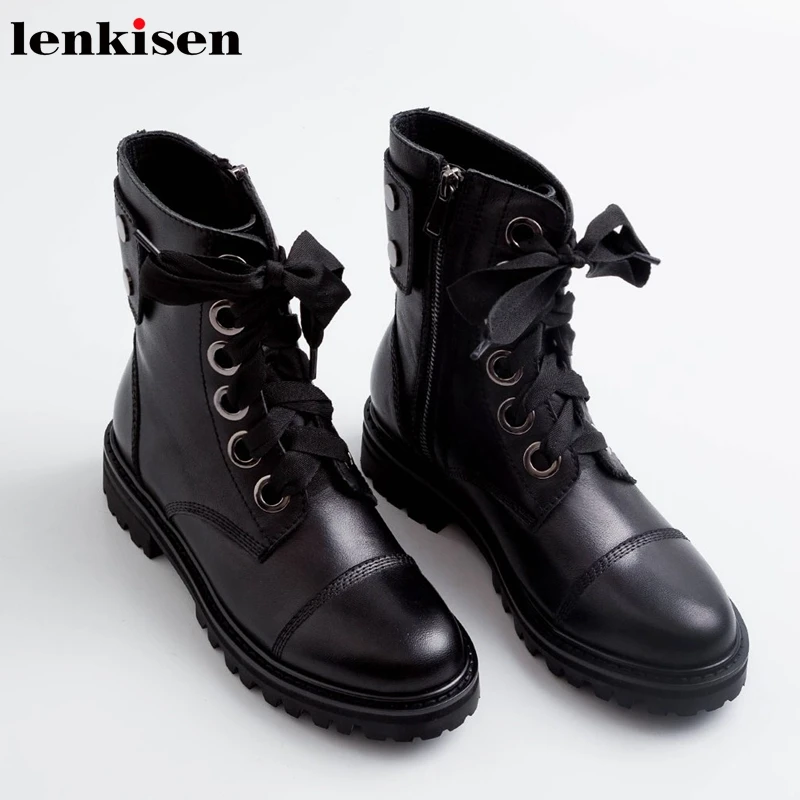 

Lenkisen hot motorcycle boots genuine leather med heels round toe winter warm lace up handsome fashion rivets ankle boots L12