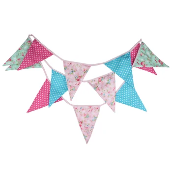 

3.6m 12 Flags Retro British Style Pink Blue Flowers Cotton Banner Pennant Garland Baby Birthday Bunting Wedding Party Room Decor