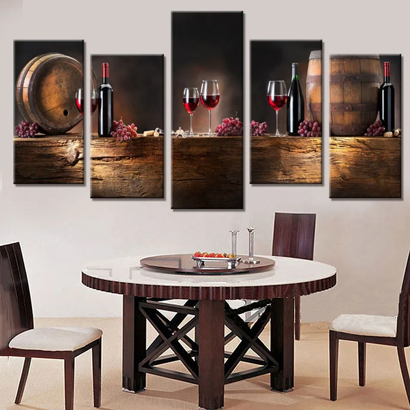 5 Pcs/Set Wine Barrel With Red Grapes Print Canvas Picture