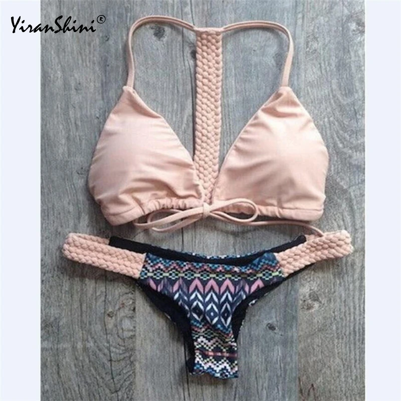 

YIRANSHINI Retro Printed Sexy Cross Bandage Bikini Set Push Up Biquinis Feminino 2018 Low Waist Sexy Backless Brazilian Bikinis