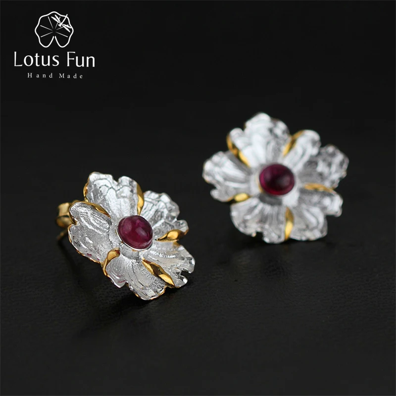 Lotus Fun Real 925 Sterling Silver Natural Stone Original Handmade Fine Jewelry Peony Flower Stud Earrings for Women Brincos