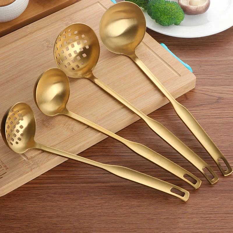 

2 Pcs/Set Stainless Steel Cooking Tool Matt Polish Long Handle Soup Ladle Skimmer Golden Kitchen Accessories