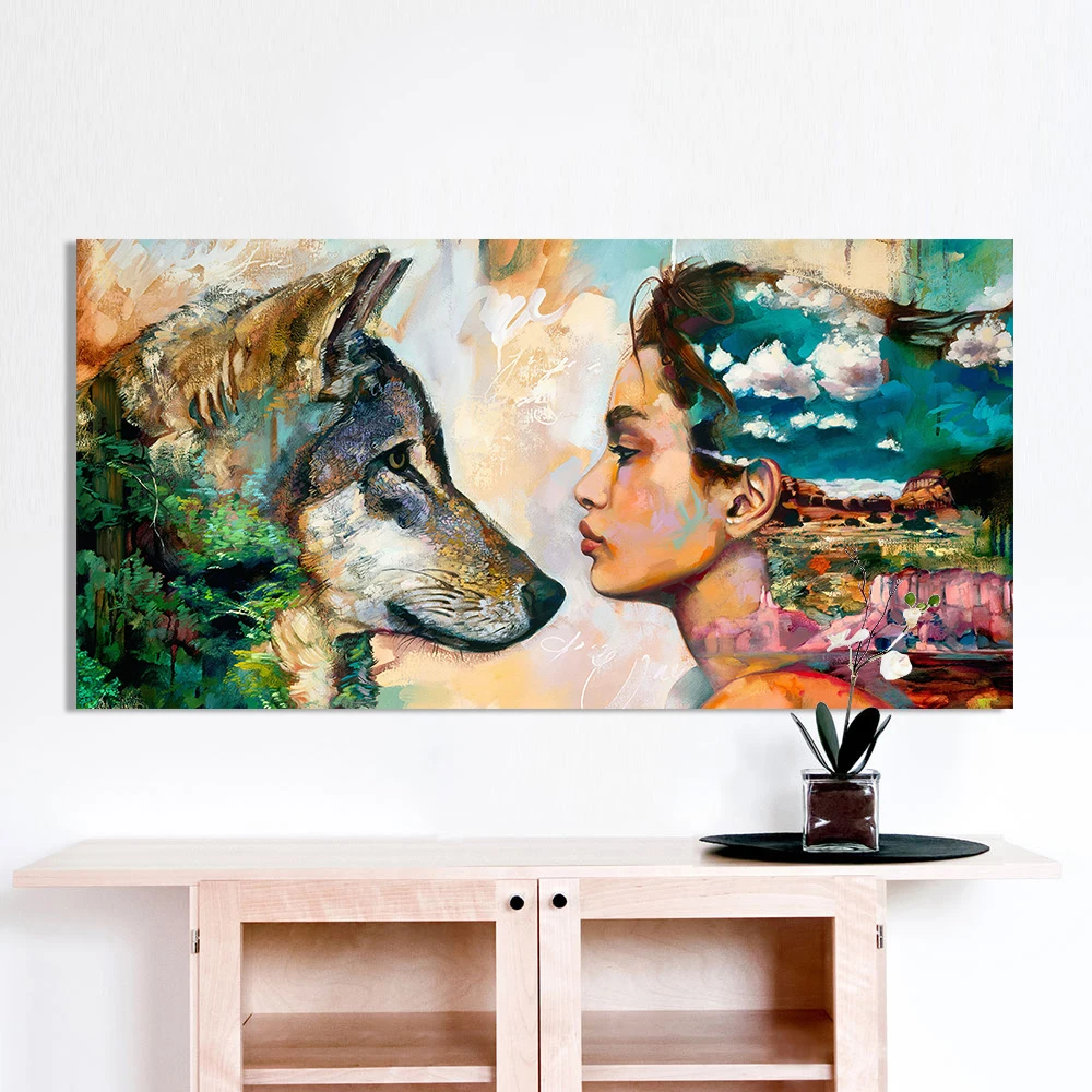 

Posters and Prints Wall Art Painting Canvas Animal Figure Painting for Home Decor Wolf and Girl for Living Room No Frame
