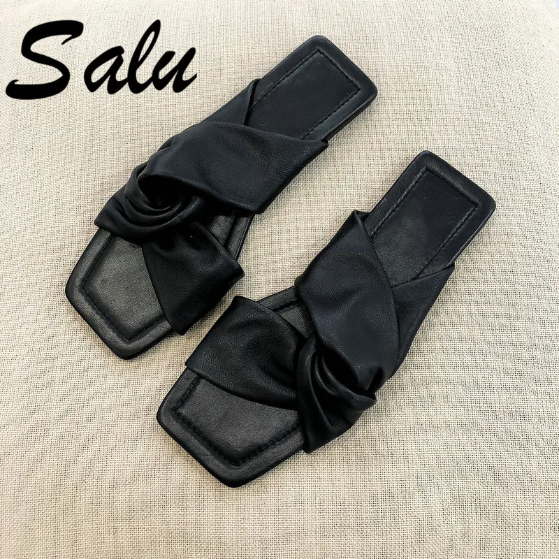 

Salu New Summer High Quality Flat Heels Genuine Leather Shoes Women Sandals Ladies Flat White Black Open Toe Casual Ladies