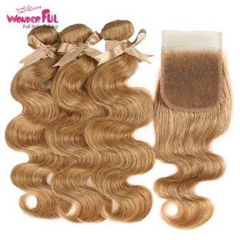 

Brazilian Body Wave Hair 3 Bundles With Closure Free Part Mix Color 27/30 Remy Human Hair Bundles With Closure 10 To 26 Inch