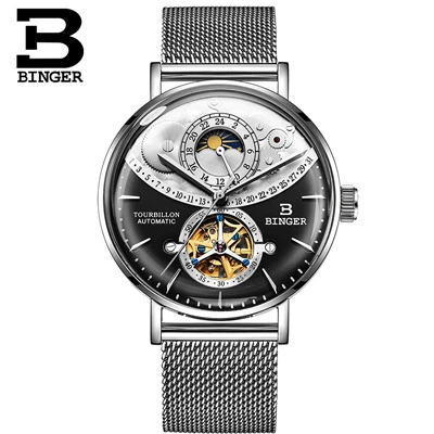 Мужские механические часы BINGER Switzerland, полностью стальные автоматические кожаные часы, мужские часы, Новинка - Цвет: Silver black