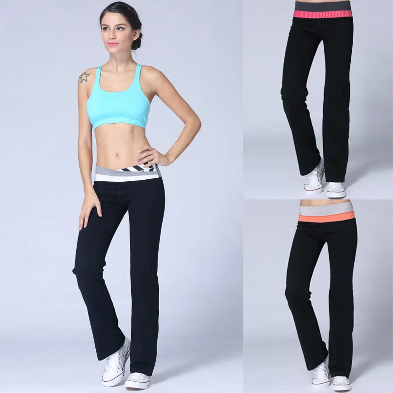Women's Fitness Pants Wide Leg Colorful Patchwork Mid Waist Elastic