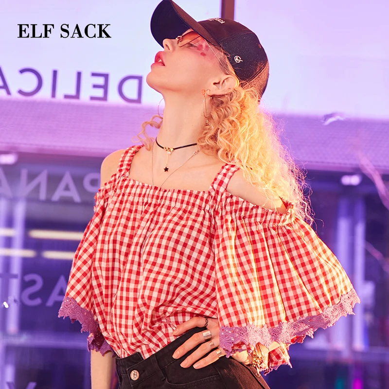 ELFSACK Off Shoulder Sexy Women Summer Blouses Womens Crop Tops Plaid Red 2 Colors Female Shirts Half Sleeve Lace Blouses|Рубашки| |