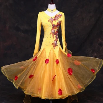 

Standard Ballroom Dance Dress Women Lady Yellow Long Sleeve Competition Standard Dance Dress Waltz Dance Dress Customized DN1224