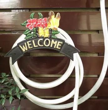 

Decorative Garden Hose Hanger Wrought Iron Hosepipe Pipe Hose Holder WELCOME Butterfly Flower Wall Mount Metal Country Gardening