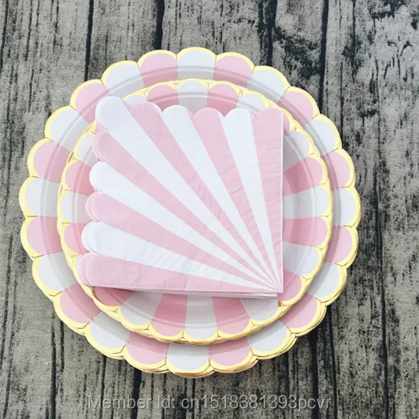 Free Shipping 36pcs Pink and White Stripe Paper Plates Gold Foil Scallop Modern Party Paper