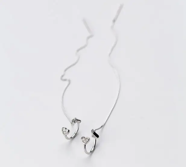 

Authentic Real 100% 925 Sterling Silver fine Jewelry Pull Through Threader earrings HEART Love Clip design zirconia GTLE2381