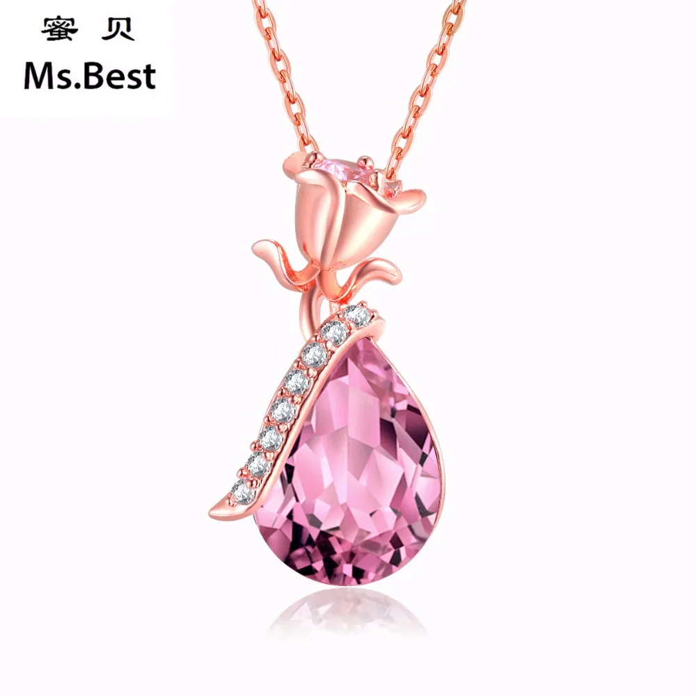 Pink Crystal Statement Rose flower Rose gold Color Pendant Necklace for ...